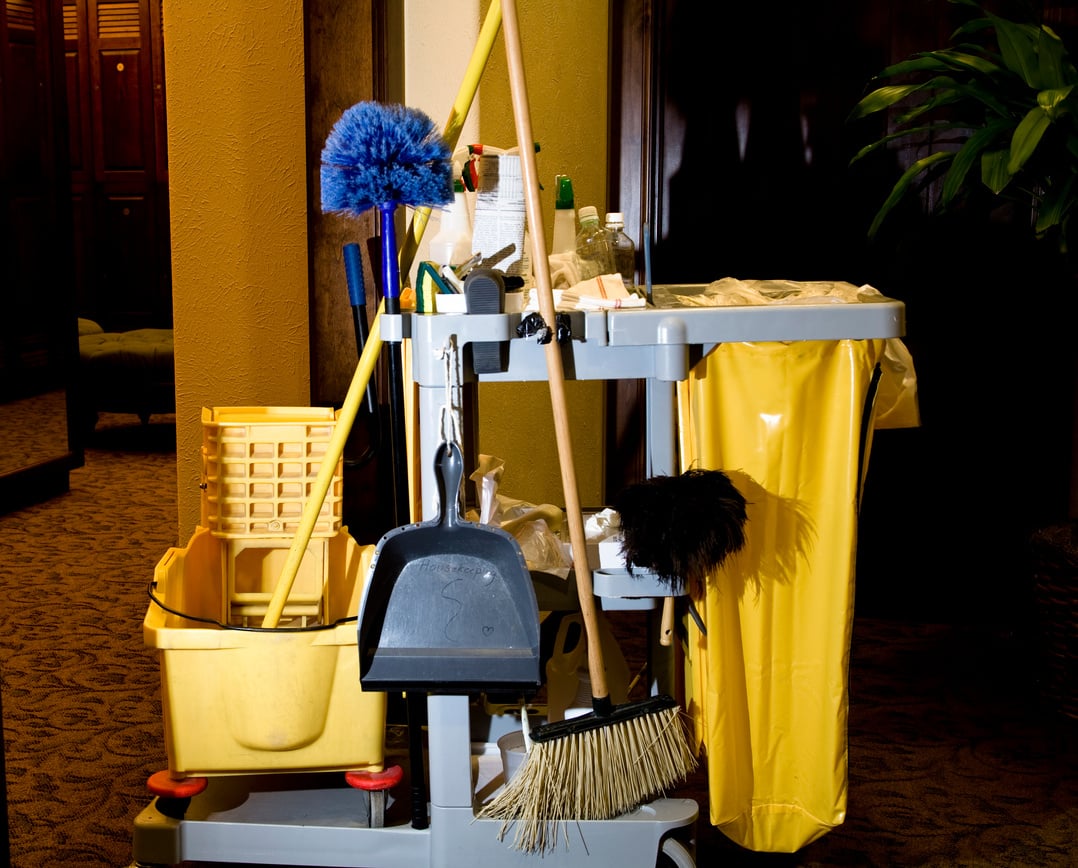 Service: Cleaning cart, supplies in business office or hotel. Housekeeping.